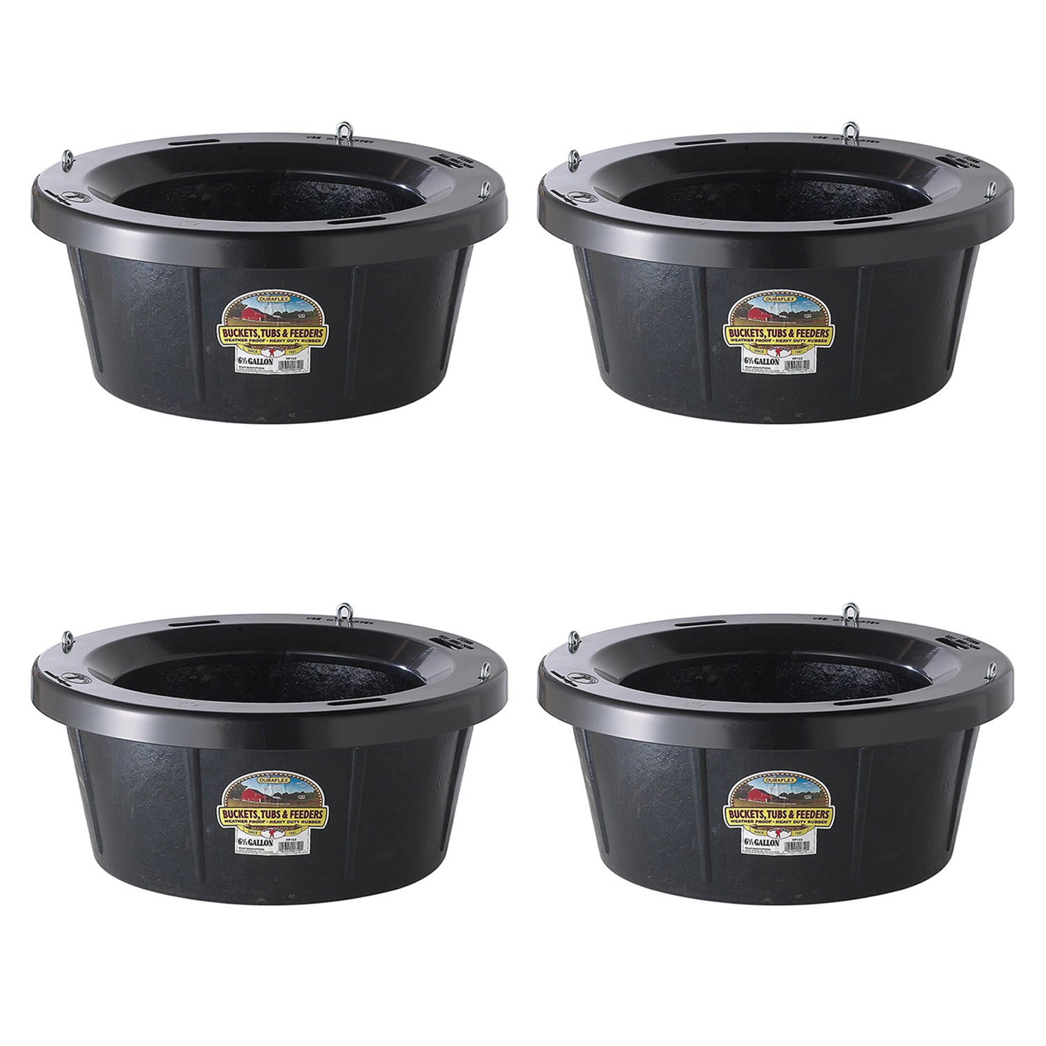 Little Giant Rubber Tub with Metal Hanging Hooks 6.5 Gallon, Black (4 Pack)
