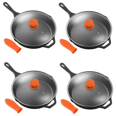 NutriChef 12" Pre Seasoned Nonstick Cast Iron Frying Pan w/ Lid & Cover (4 Pack)