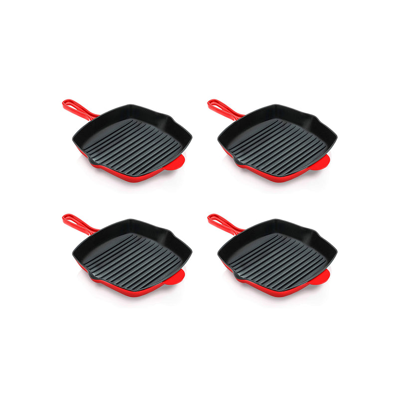 NutriChef 11 Inch Square Cast Iron Skillet with Porcelain Coating, Red (4 Pack)