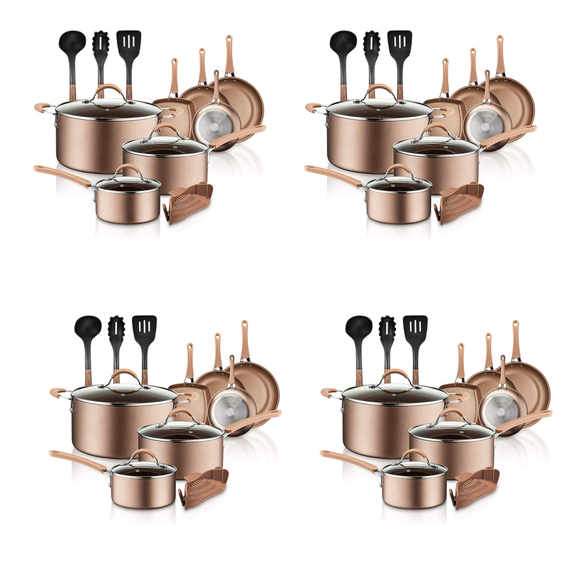 NutriChef Nonstick Kitchen Cookware Pots and Pans, 14 Piece Set, Bronze (4 Pack)