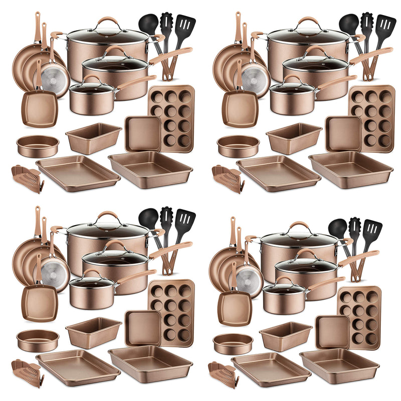 NutriChef 20 Piece Nonstick Kitchen Cookware Pots & Pans Set, Bronze (4 Pack)