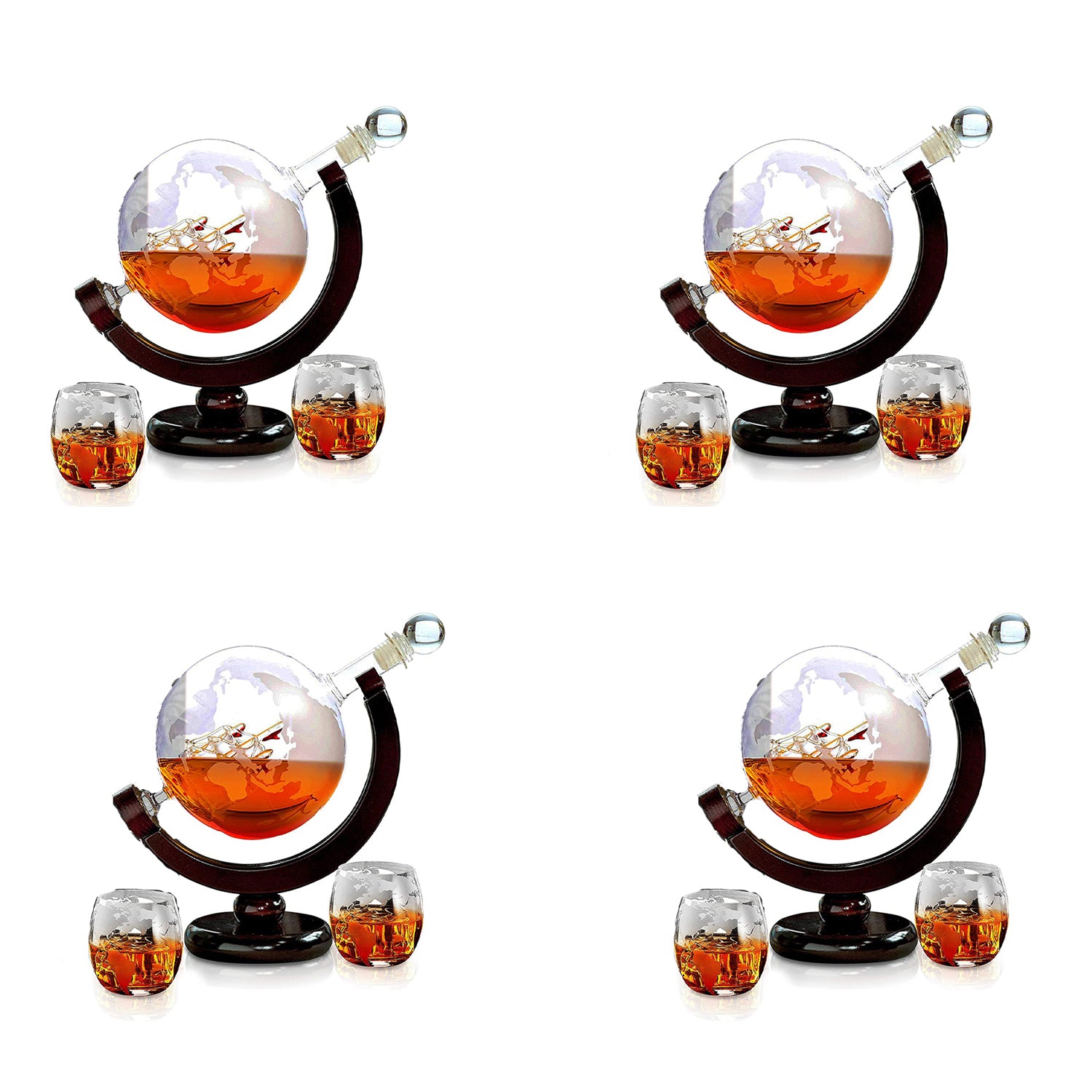 NutriChef Home Bar Whiskey Clear Globe Decanter with Stand and Glasses (4 Pack) - VMInnovations
