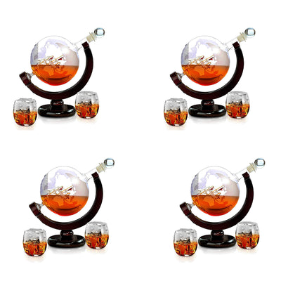 NutriChef Home Bar Whiskey Clear Globe Decanter with Stand and Glasses (4 Pack) - VMInnovations