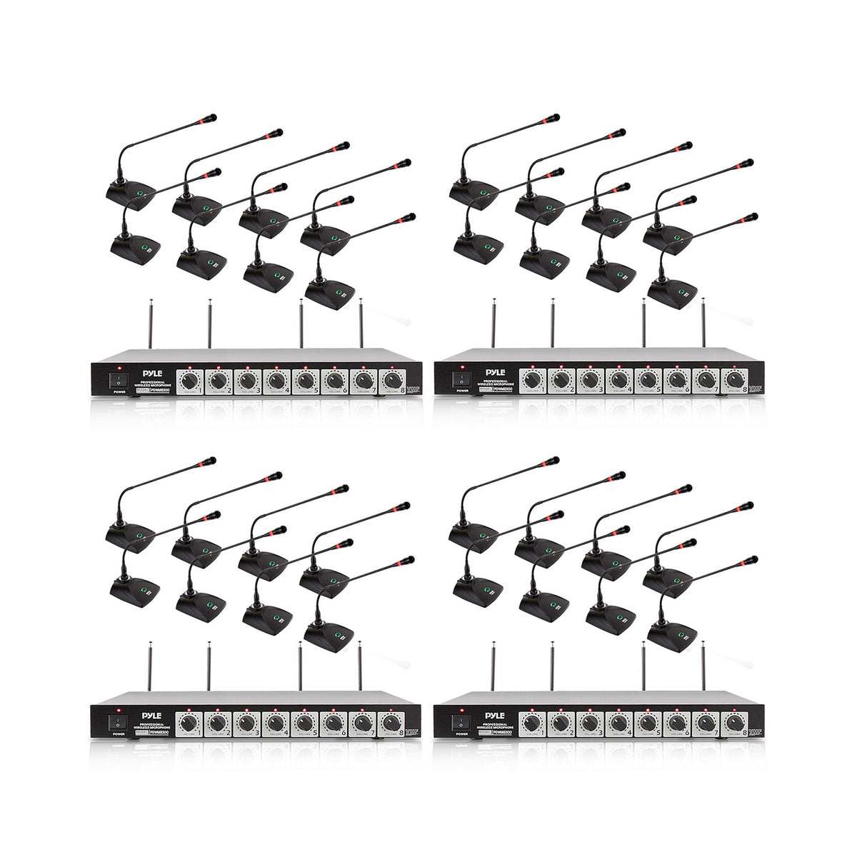 Pyle 4 x PDWM8300 VHF 8 Channel Wireless Desktop Microphones & Receiver (4 Pack)
