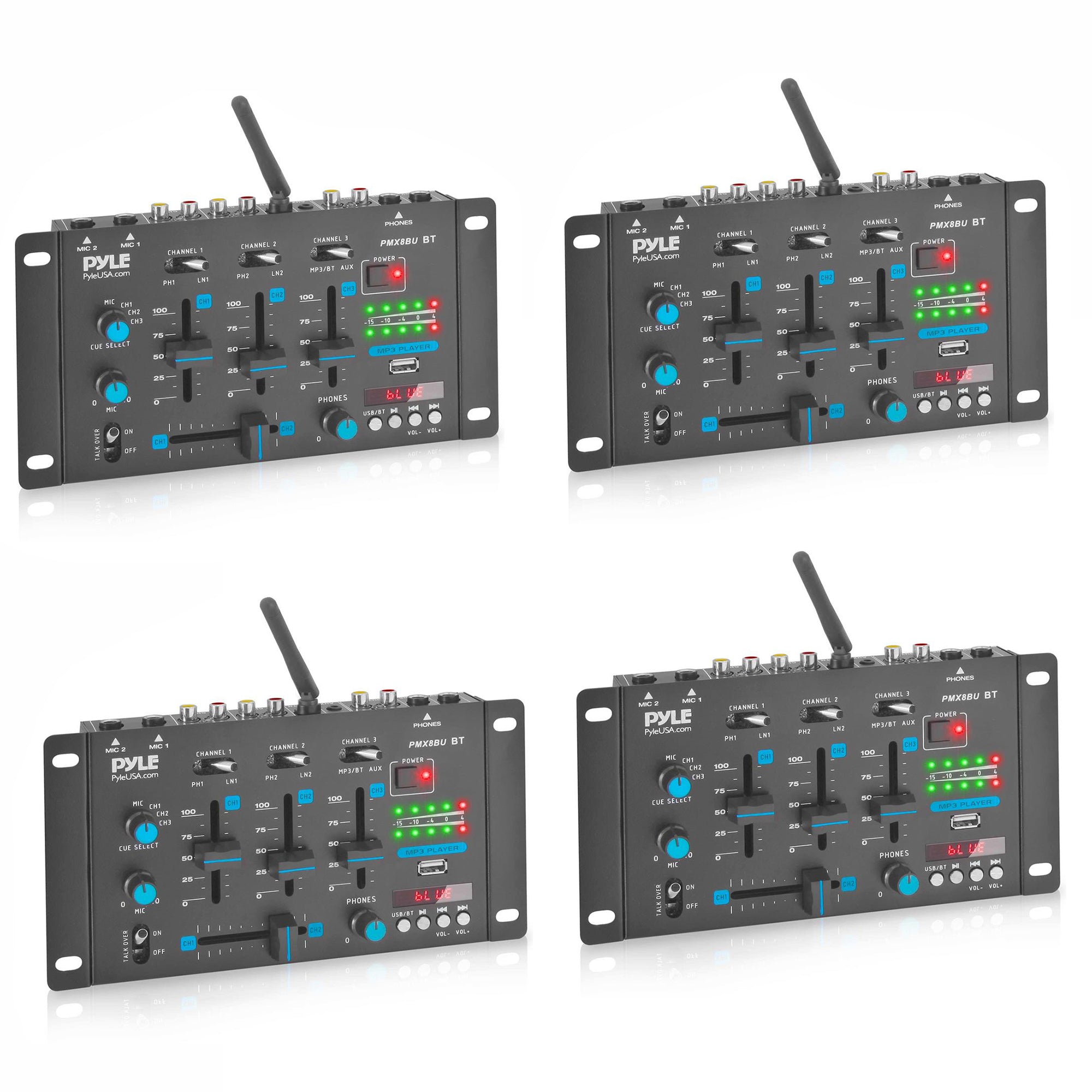 Pyle PMX8BU 3 Channel Bluetooth DJ Sound Board Mixer with Mic Talkover (4 Pack) - VMInnovations