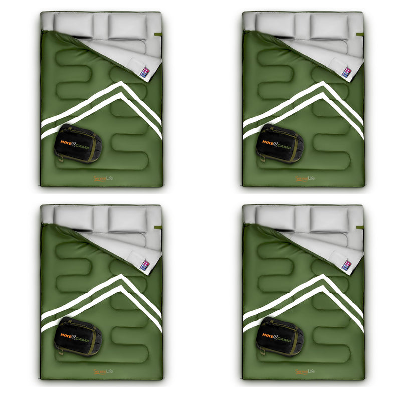 SereneLife 85 x 57 In Waterproof Double Sleeping Bag & 2 Pillows, Green (4 Pack)