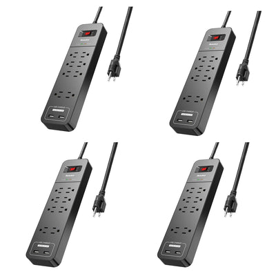 Huntkey Power Strip w/ Heavy Duty Cord, 8 Sockets, & 2 USB Ports, Black (4 Pack)