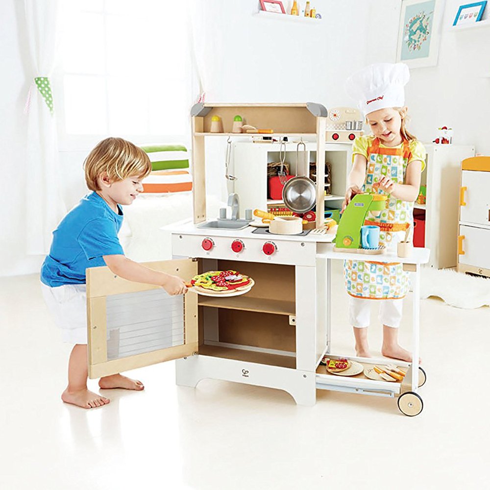 Hape Cook 'N Serve Kids Pretend Play Wooden Cooking Kitchen Bundle w/ Play Food