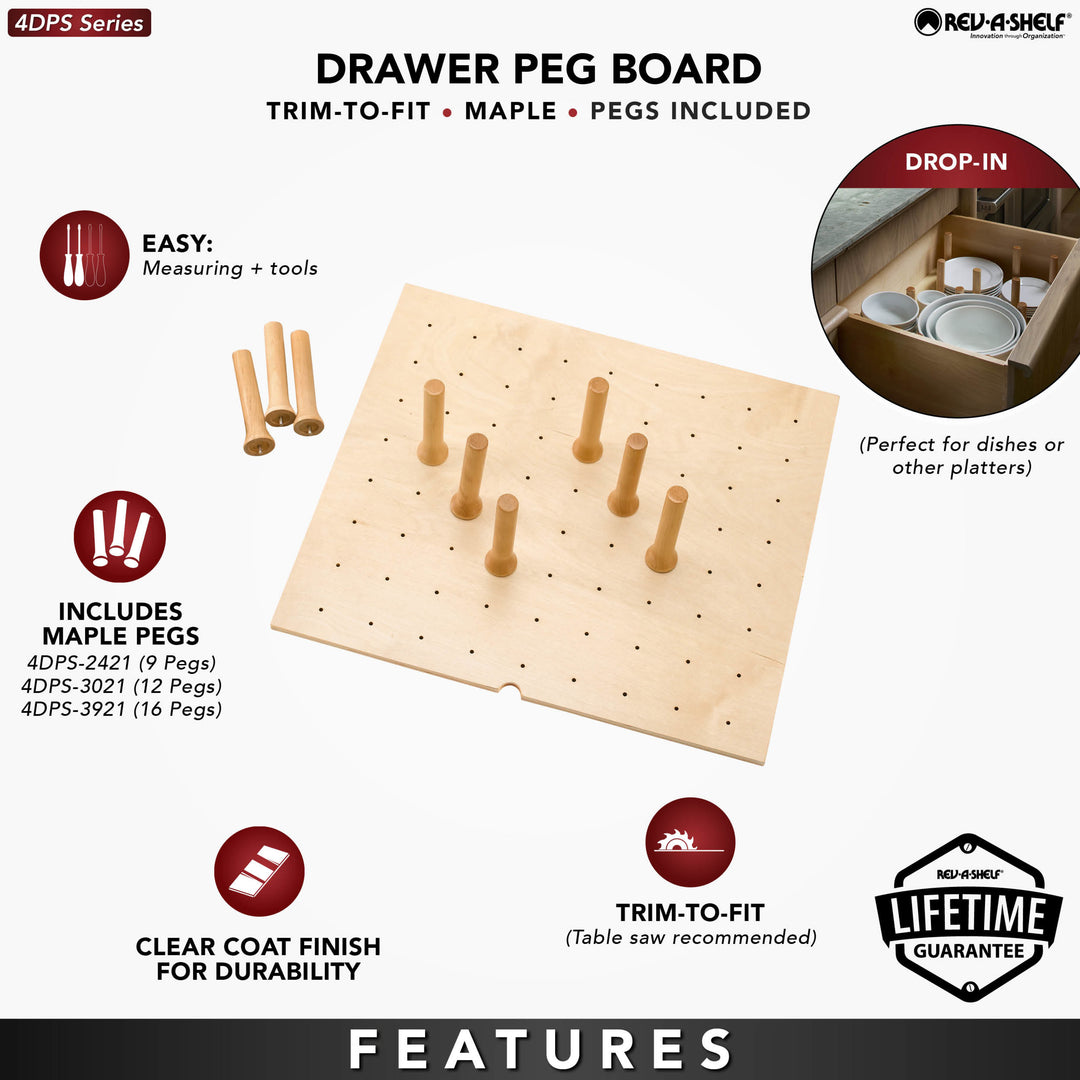 Rev-A-Shelf 24x21" Trimmable Pegboard Drawer Organizer with 9 Pegs, 4DPS-2421