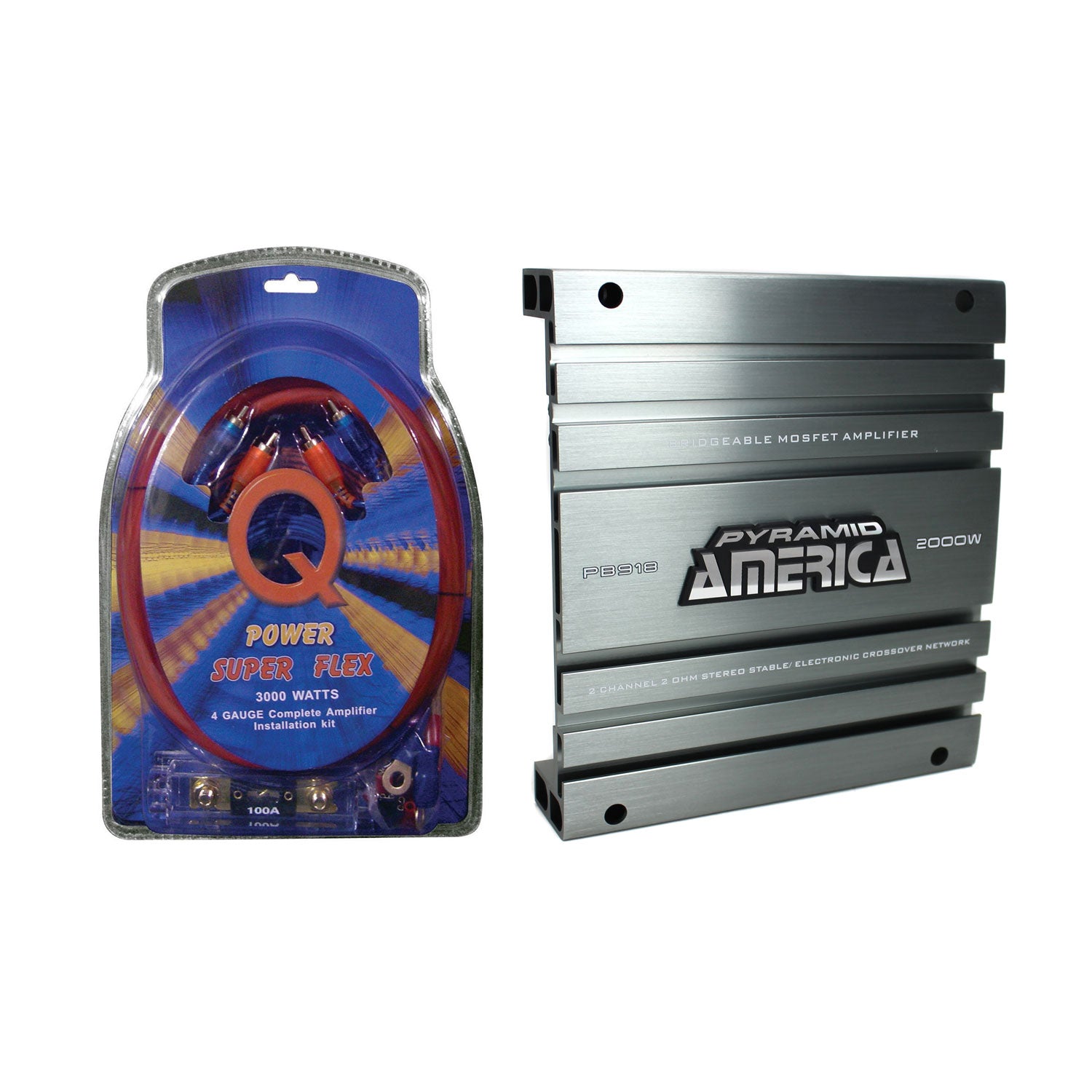 QPower 4 Gauge Wire Kit & Pyramid PB918 2000 Watt 2 Channel Car Audio Amplifier