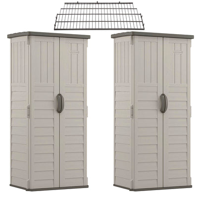 Suncast Vertical Storage Shed (2 Pack) Bundled w/ Metal Wire Shelf Rack Shelving
