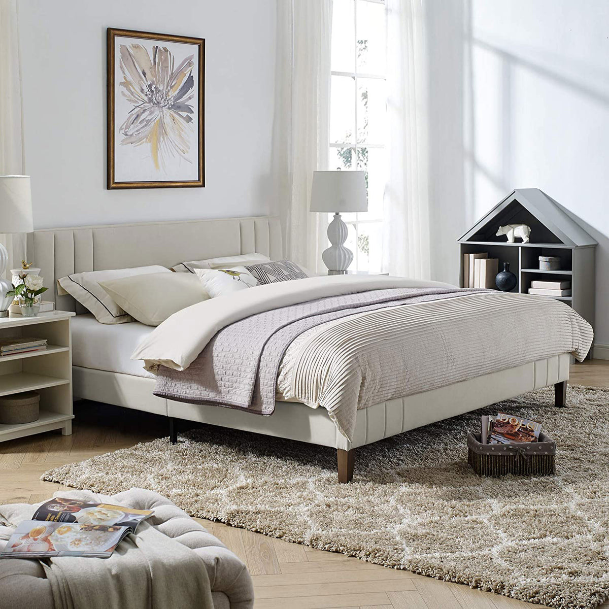 Classic Brands Chicago Modern Tufted Upholstered Platform Bed Frame, King, Shell