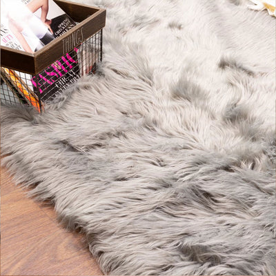 Super Area Rugs 6 x 9 Ft Plush Soft Fake Sheepskin Fur Shag Rug, Gray (Open Box)
