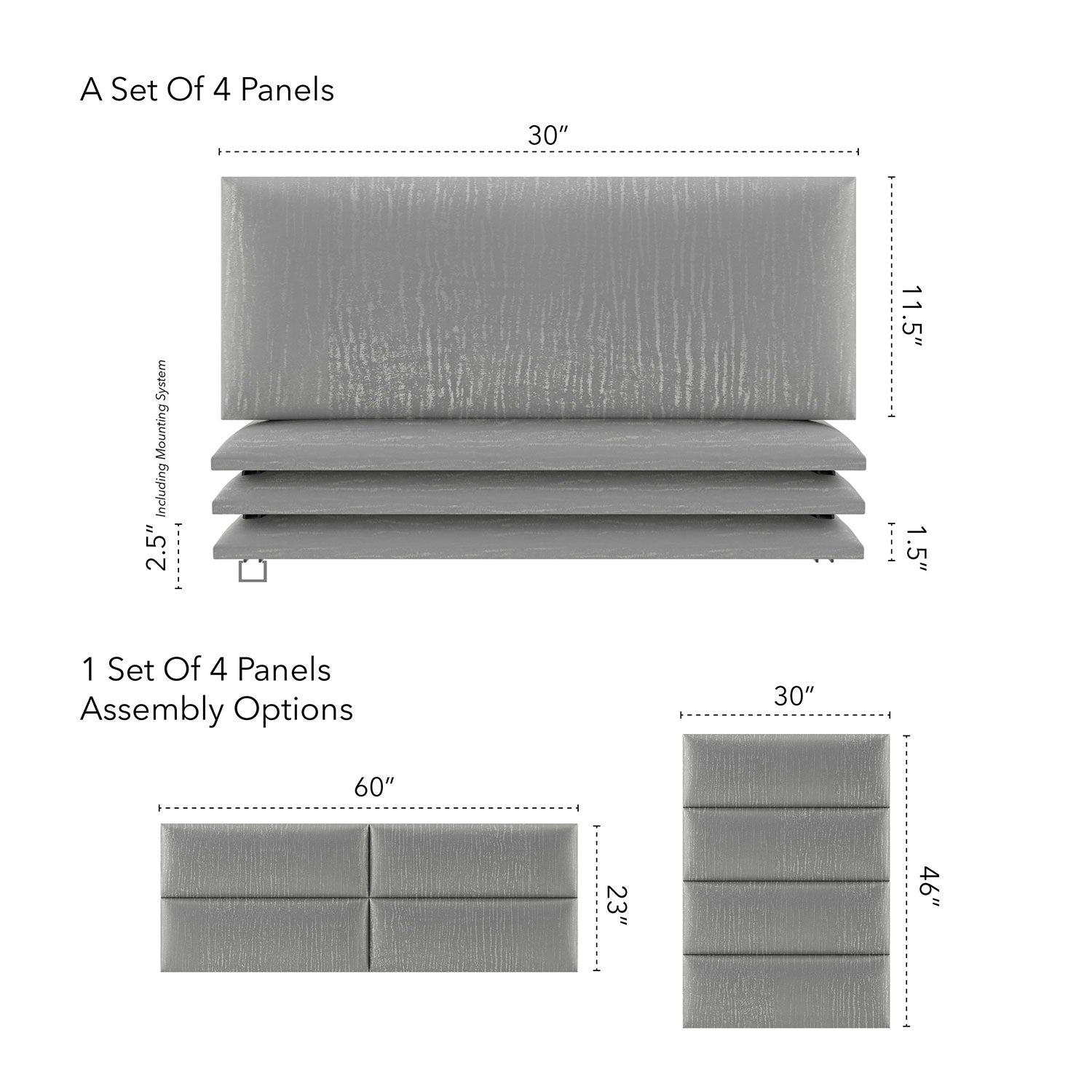 Vant 30 x 46 Inch Floating Upholstered Wall Panels, Metallic Silver (4 Pack)
