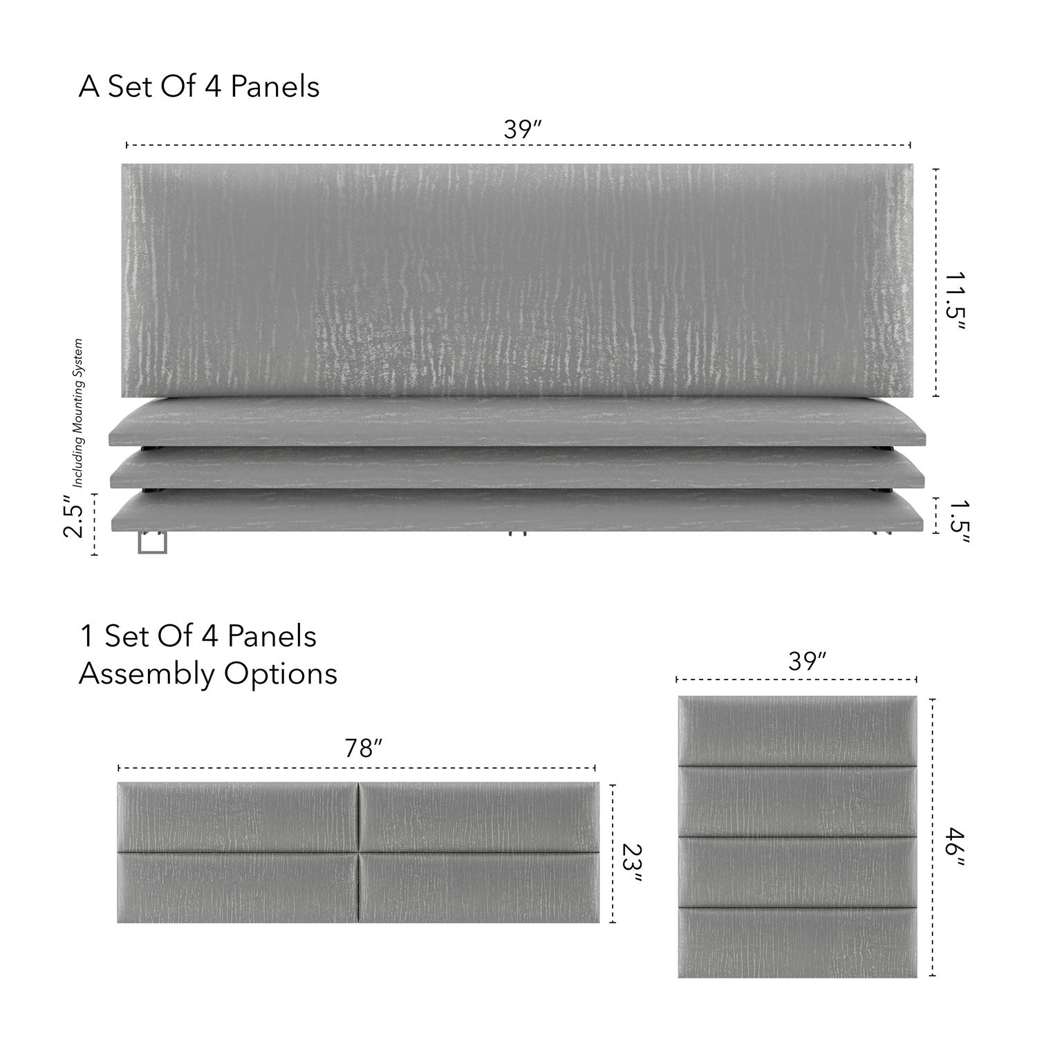 Vant 39 x 46" Floating Upholstered Décor Wall Panels, Metallic Silver (4 Pack)