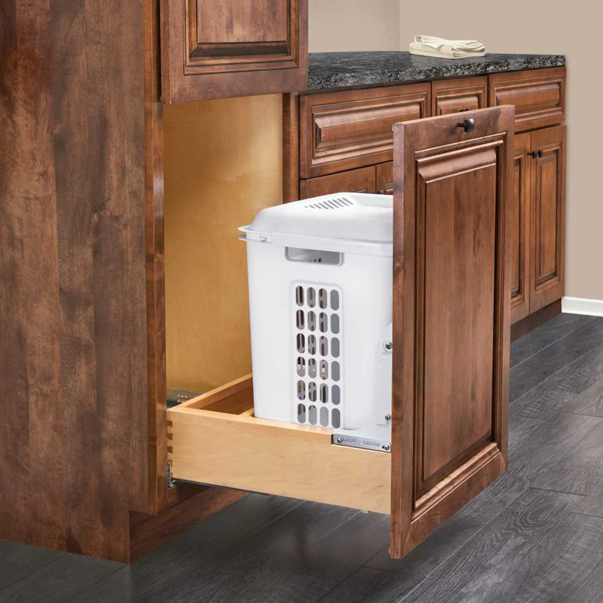 Rev-A-Shelf Pullout Wood Bottom Mount Hamper w/Rev-A-Motion Soft Close, Maple
