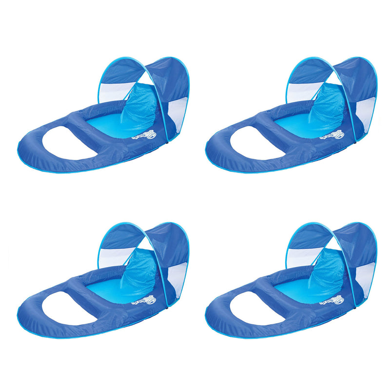 SwimWays Spring Float Recliner Pool Lounge Chair w/ Sun Canopy, Blue (4 Pack)