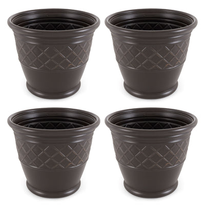 Suncast Atlin 18 Inch Resin Round Decorative Flower Pot Planter, Java (4 Pack) - VMInnovations