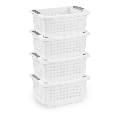 Sterilite Medium Stacking Basket, Open Top Storage Bin w/ Handles, 4 Pack, White - VMInnovations