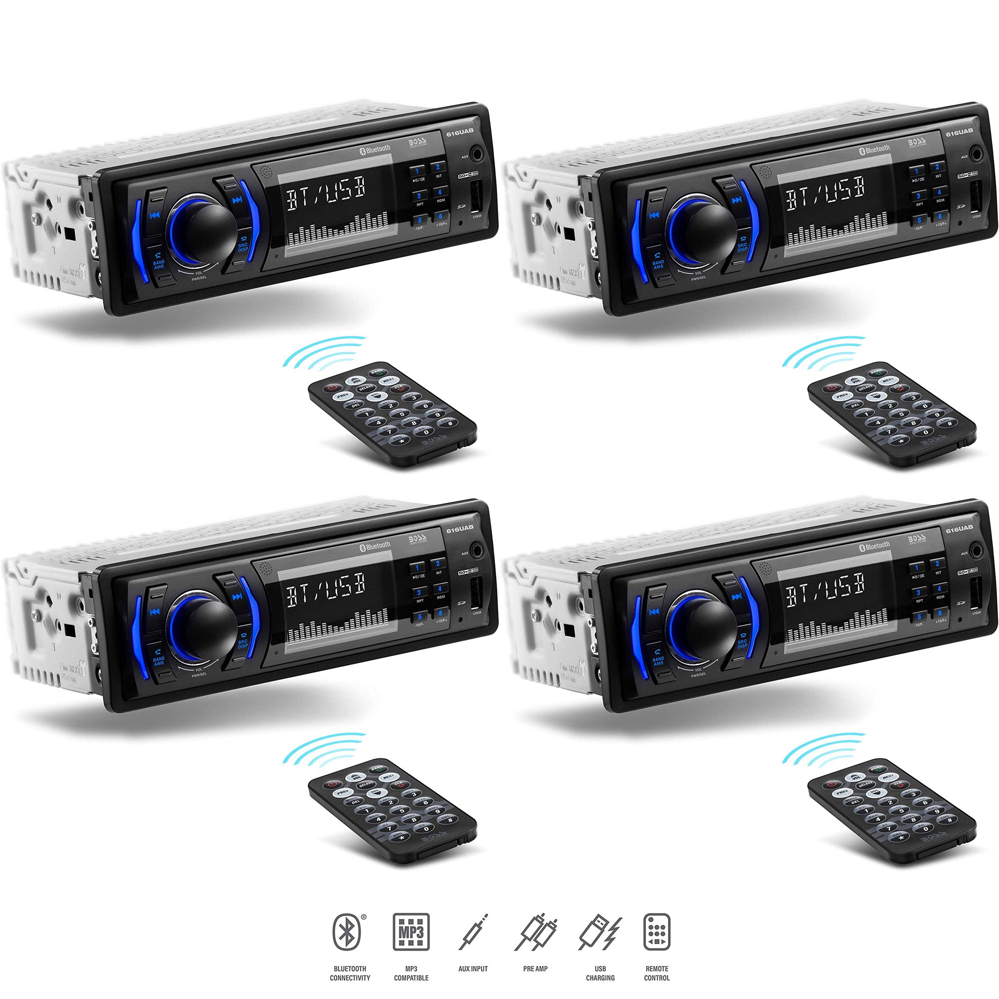 Boss 616UAB Single Din USB/SD AUX Bluetooth Radio Car Stereo Receiver (4 Pack)