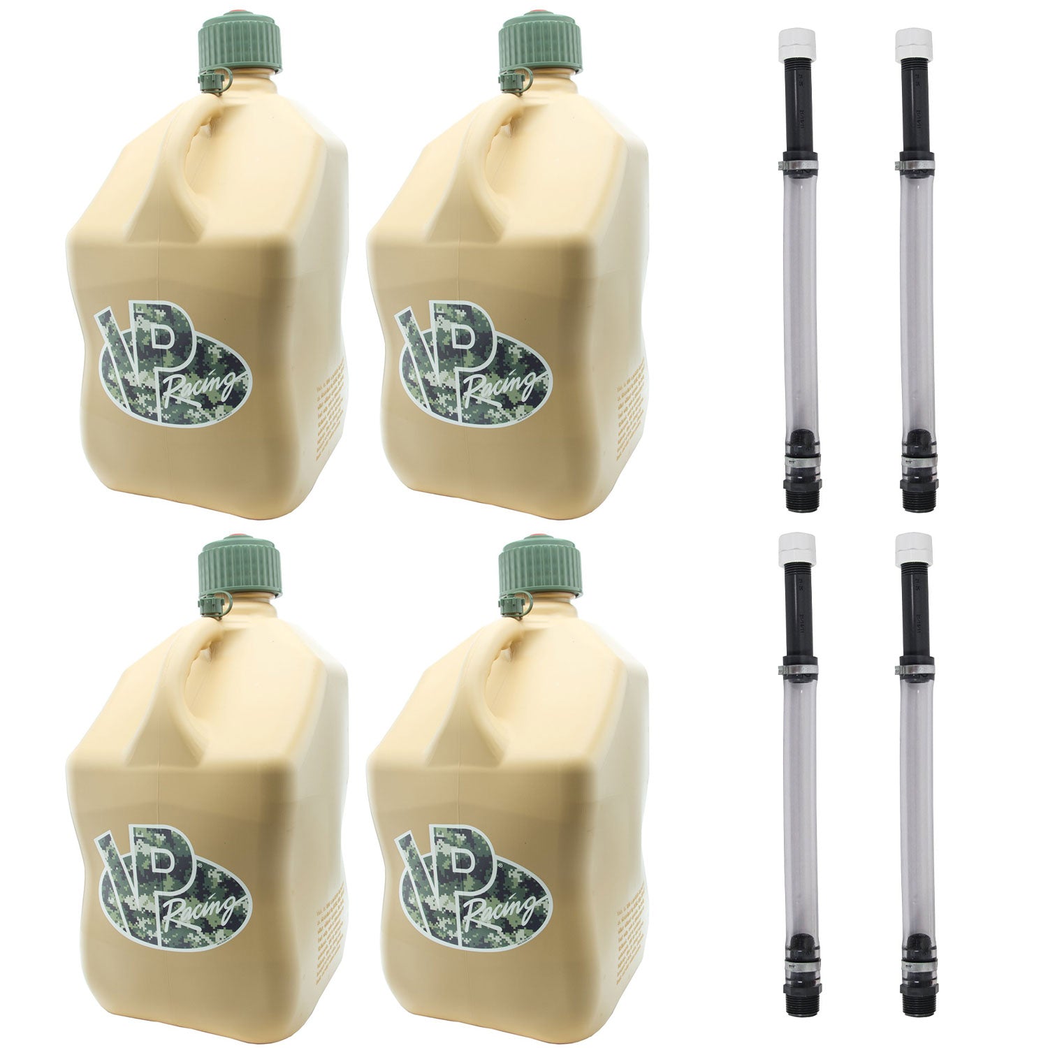 VP Racing Fuels 5.5 Gallon Utility Jugs with Deluxe Hoses, Tactical Tan (4 Pack)
