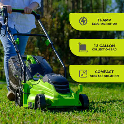 Earthwise 16” 11 Amp Corded Electric 5 Position Walk Behind Lawn Mower, Green