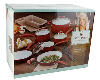 Paula Deen 18-Piece Kitchen Porcelain Cookware Set Nonstick - Red - Open Box