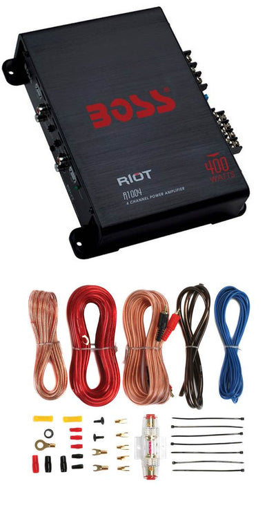 BOSS Audio R1004 Riot 400W 4 Channel Car Power Amplifier Mosfet w/ 8 Ga Amp Kit - VMInnovations