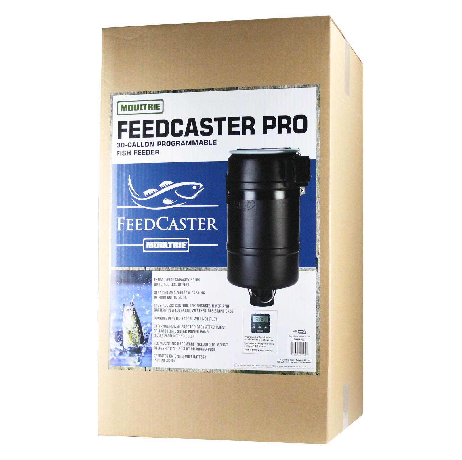 MOULTRIE 30 Gallon FeedCaster Pro Pond Fish Feeder + 6V Battery & Solar Panel