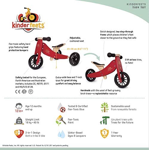 Kinderfeets Tiny Tot Toddler 2-in-1 Balance Bike and Tricycle, Burn Coral - VMInnovations