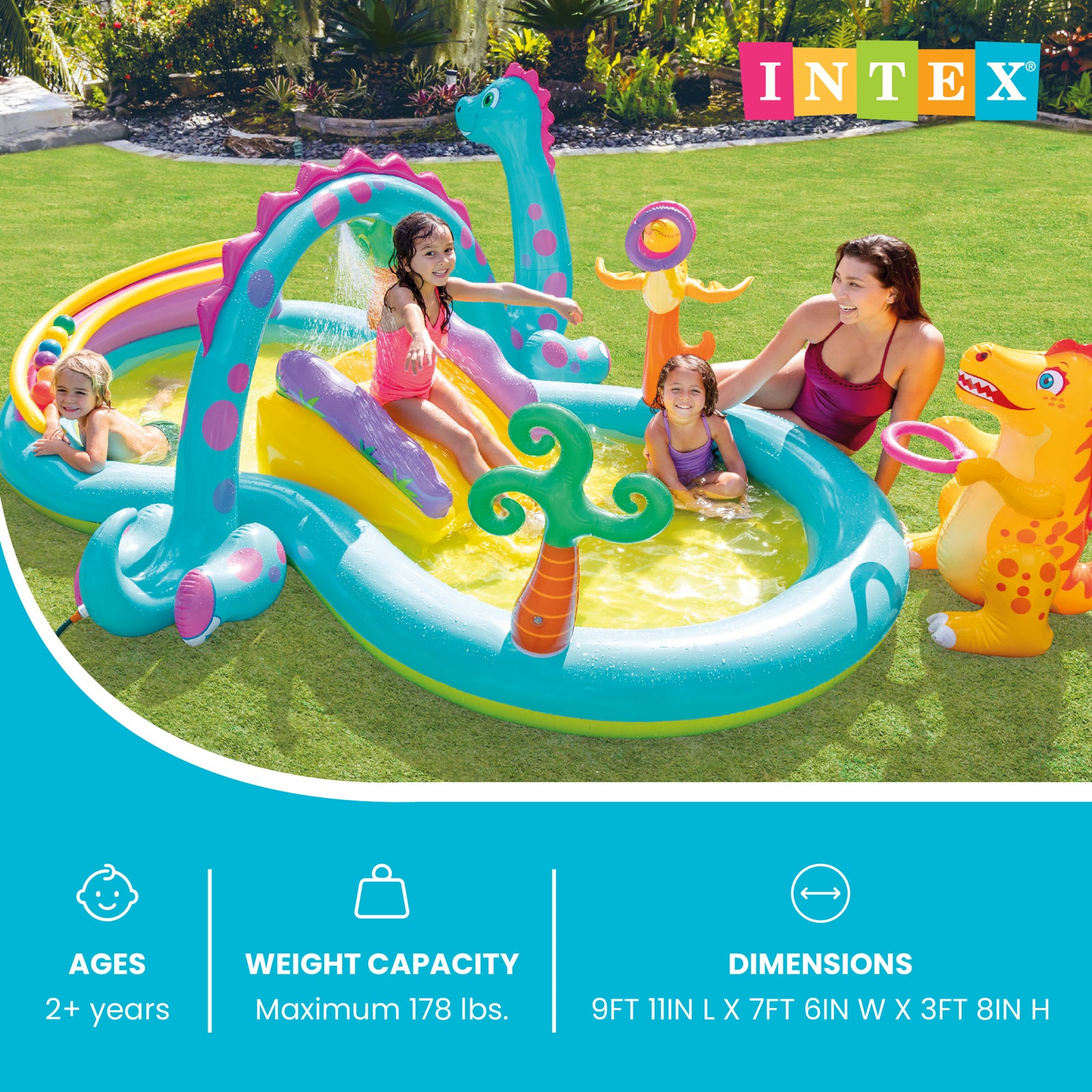 Intex 11ft x 7.5ft x 44in Dinoland Play Center Kiddie Inflatable Swimming Pool - VMInnovations
