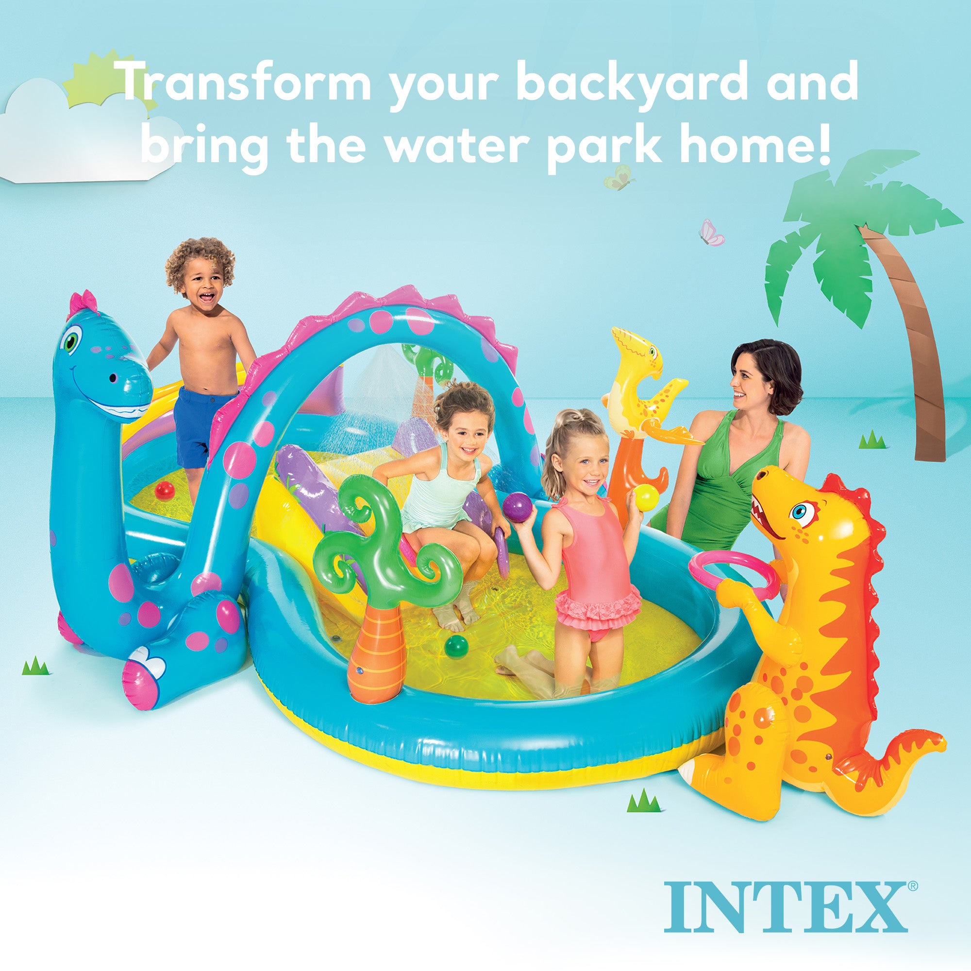 Intex 11' x 7.5' x 44" Kids Inflatable Dinoland Play Center Swim Pool, (2 Pack)
