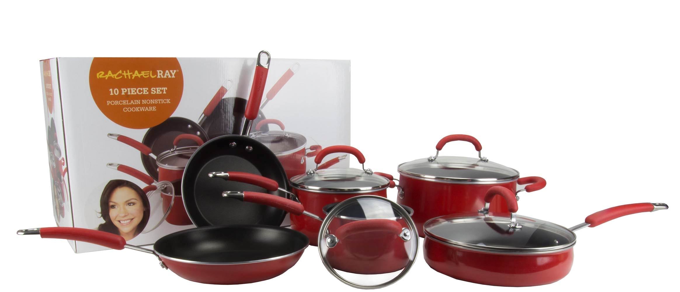 Rachael Ray 10-Piece Porcelain Enamel Cookware Set Nonstick Pans Pots - Open Box