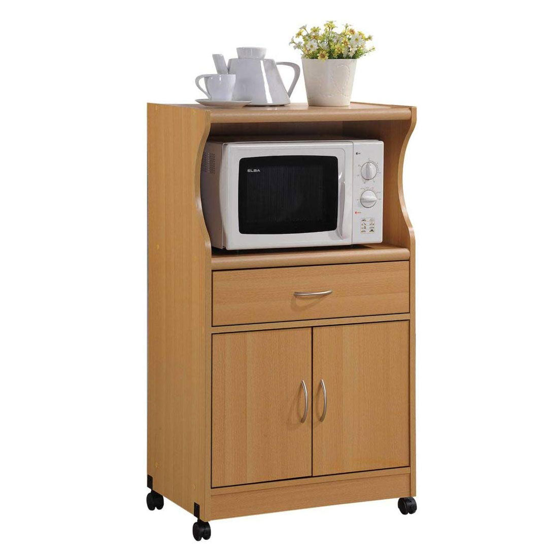 Hodedah Wheeled Microwave Island Cart with Drawer and Cabinet Storage, Beech