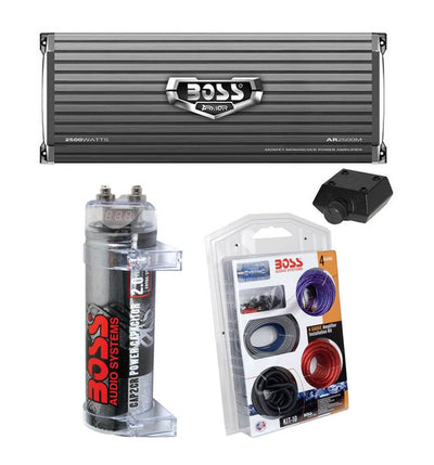 Boss AR2500M 2500W MONO Car Amplifier + Remote + 2.0 Farad Capacitor + Amp Kit