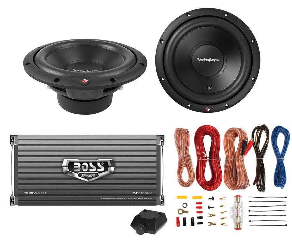 2 Rockford Fosgate  10" 1000W 4-Ohm Car Subs and 1600W 2-Ch Amp w/ Amp Kit