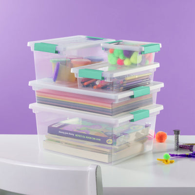 Sterilite Large Clear Plastic Stackable Storage Bin with Clear Lid & Aqua Latch
