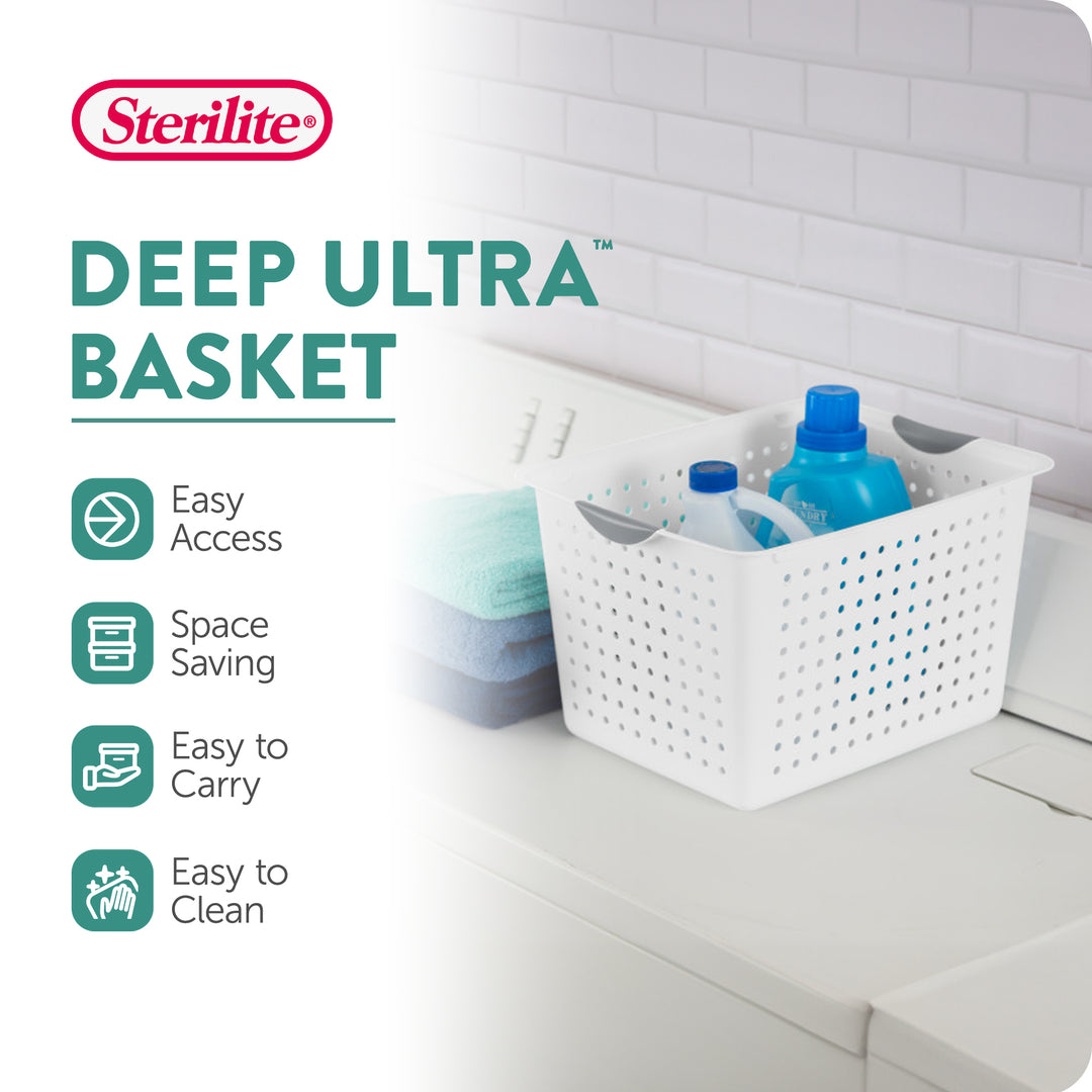 Sterilite Deep Ultra Plastic Storage Bin Baskets with Handles, White, 24 Pack