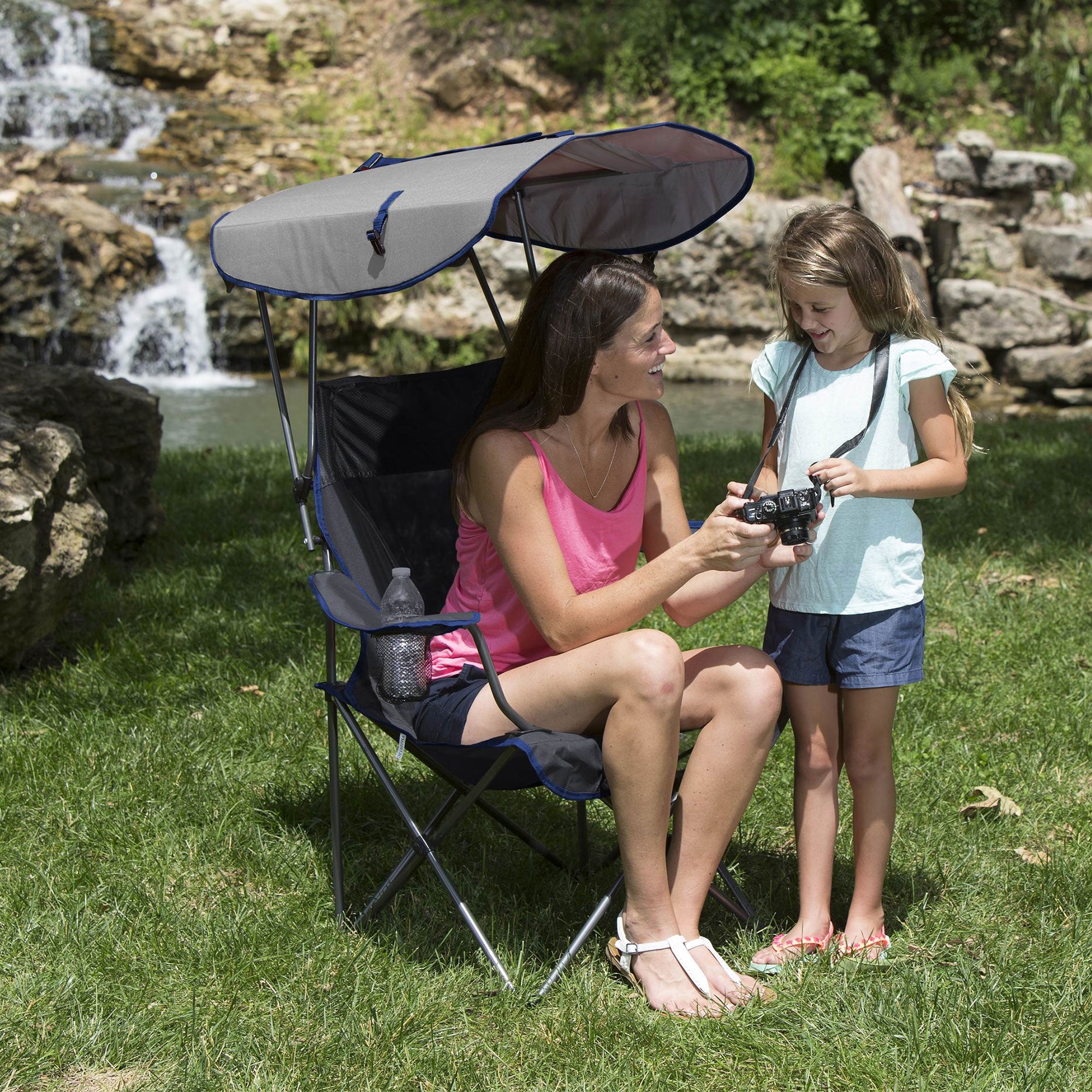 Kelsyus Premium Portable Camping Folding Lawn Chair w/ Canopy, Navy | Open Box