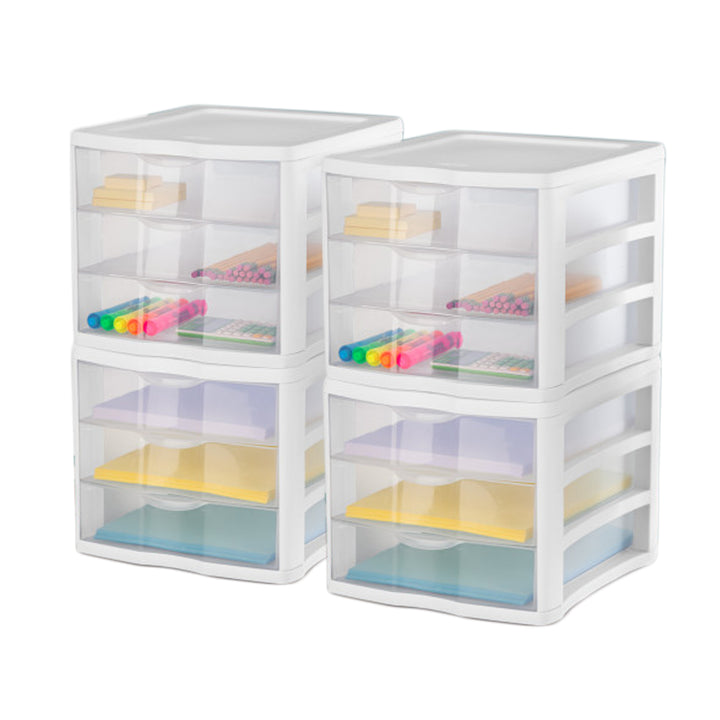 Sterilite 3 Clear Drawer Desktop Storage Unit Home Tabletop Organizer, 4 Pack