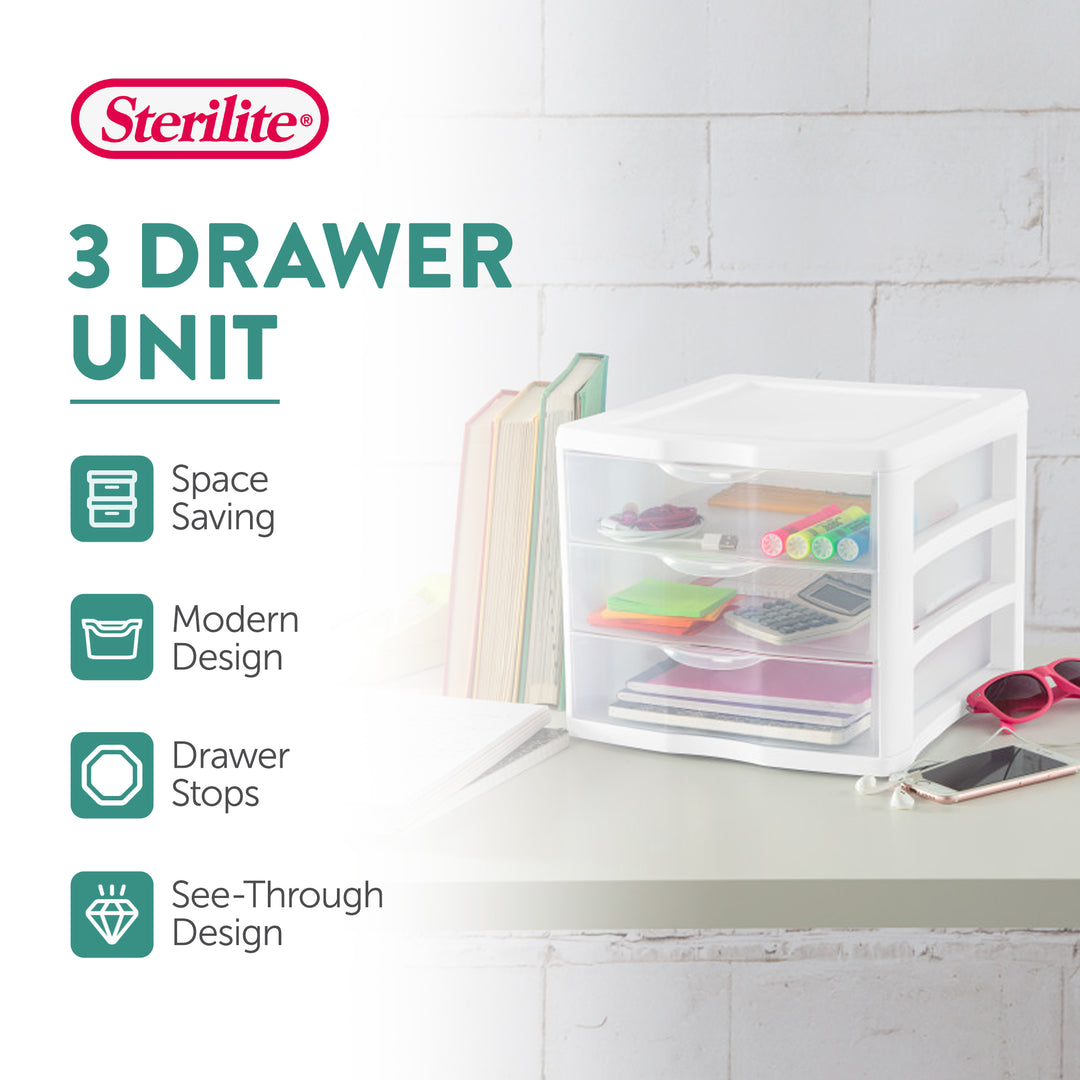 Sterilite 3 Clear Drawer Desktop Storage Unit Home Tabletop Organizer, 4 Pack