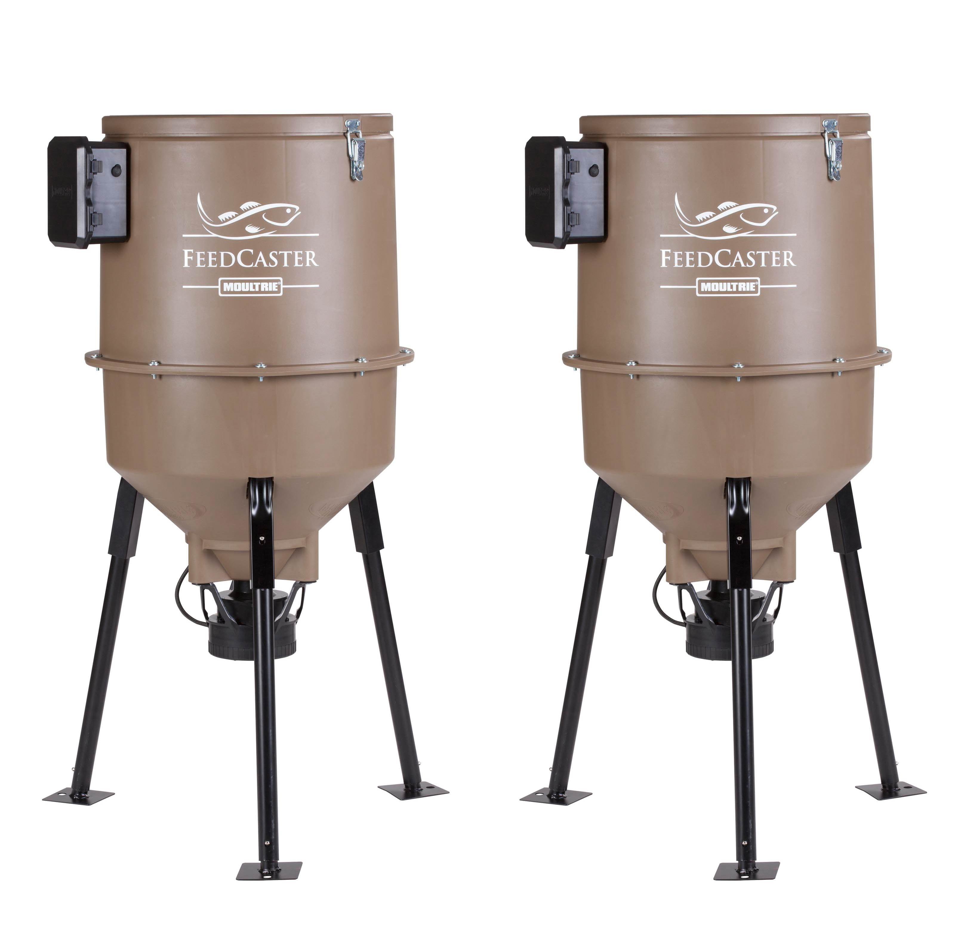 2 MOULTRIE 30 Gallon Feedcaster Pro Directional Tripod Fish Feeders w/Metal Feet