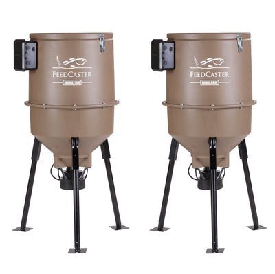 2 MOULTRIE 30 Gallon Feedcaster Pro Directional Tripod Fish Feeders w/Metal Feet