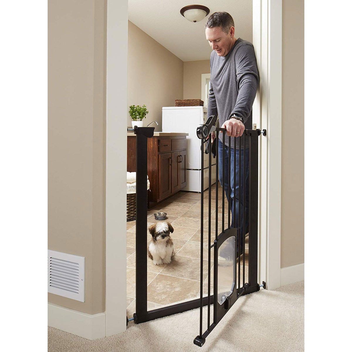 MyPet Tall Pet Gate Passage Walk Through 29.75 x 39 x 36 Gate with Door, Bronze