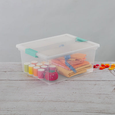 Sterilite Deep Clear Plastic Stackable Storage Bin with Clear Lid & Aqua Latch