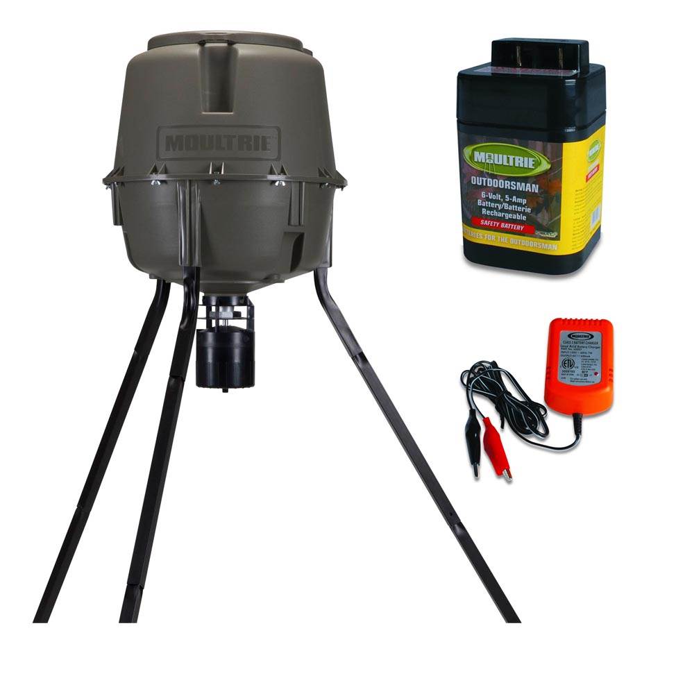 MOULTRIE 30 Gallon Adjustable Height Quick-Lock Deer Feeder + Battery & Charger