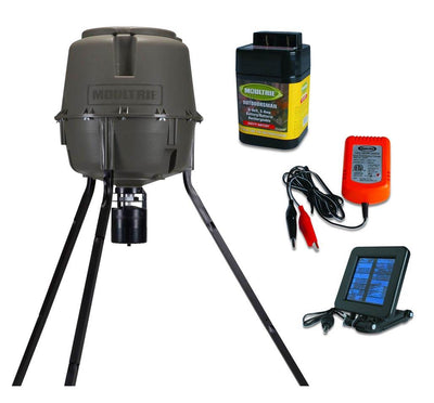 MOULTRIE 30 Gal Adjustable Height Deer Feeder + Solar Panel,6V Battery & Charger