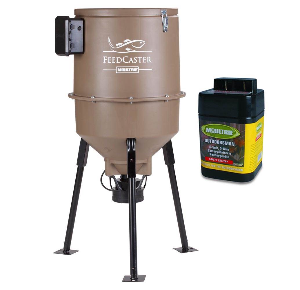 MOULTRIE 30 Gallon Feedcaster Pro Directional Tripod Fish Feeder + 6Volt Battery
