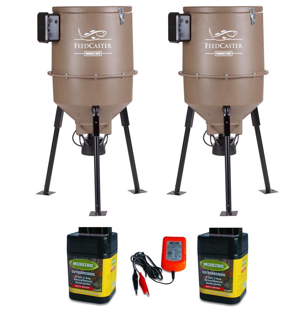 (2) MOULTRIE 30 Gallon Feedcaster Pro Fish Feeders + (2) 6V Batteries & Charger