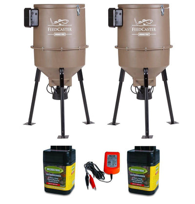 (2) MOULTRIE 30 Gallon Feedcaster Pro Fish Feeders + (2) 6V Batteries & Charger